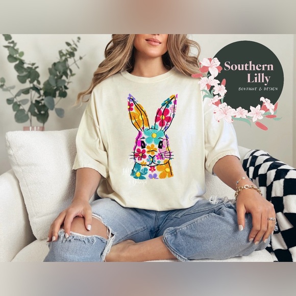 Comfort Colors Tops - Faux Embroidery Bunny Comfort Colors T-Shirt